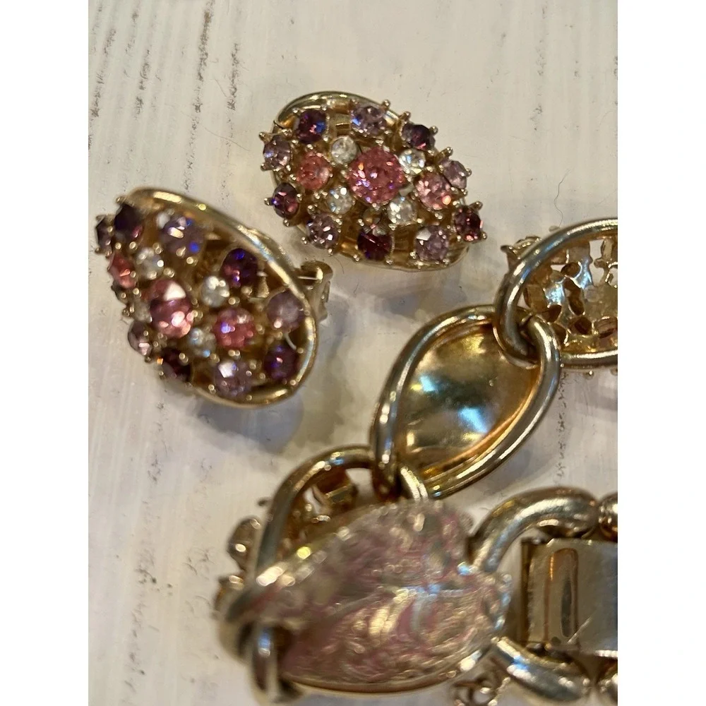 Vintage Rhinestone Enamel Bracelet Earrings Pink Purple Gold Floral Demi Parure‎